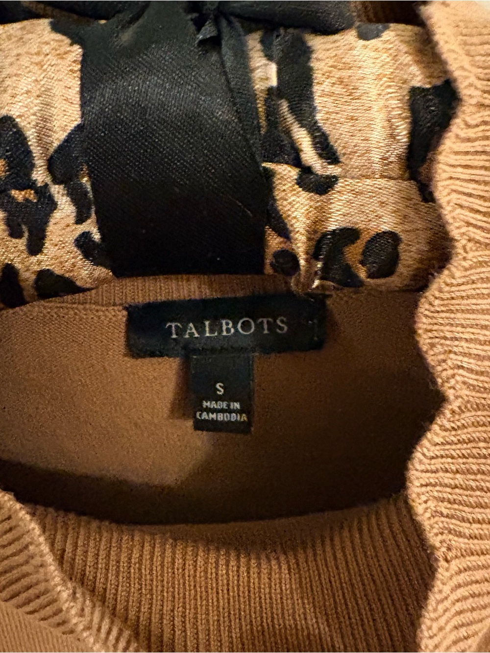 Talbots Camel Sweater with Black Leopard Trim